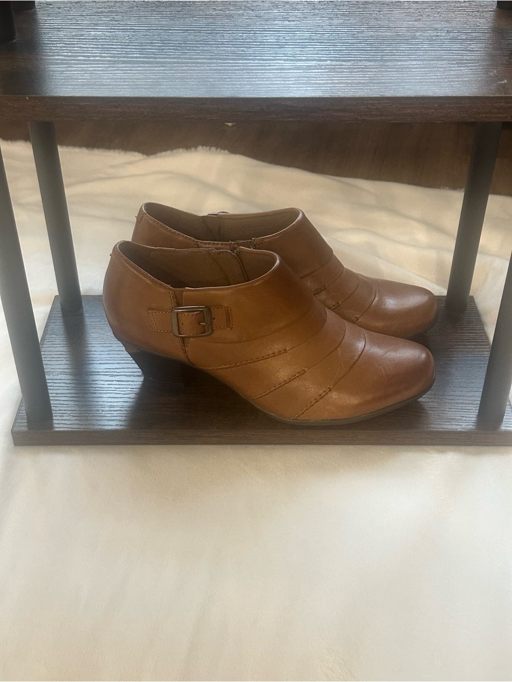 Earth Tan Leather Ankle Booties with Side Buckle